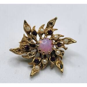 Vintage Pink Opal Glass Floral Brooch Faux Pearl Purple Rhinestones Gold Tone